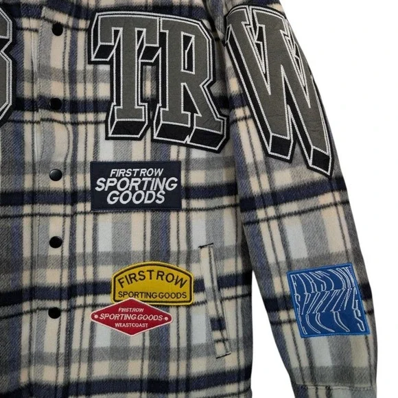 First Row‎ Sporting Logo Multi Patch Jacket Button Up Flannel Mens Medium - Picture 3 of 5
